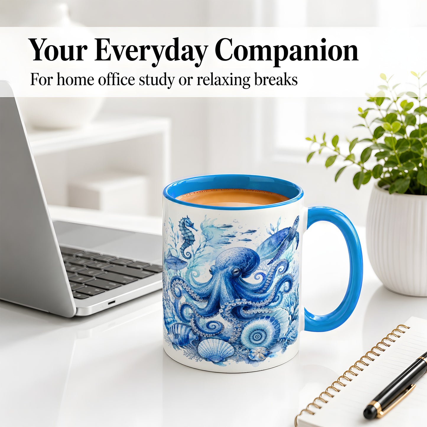 #pl[11oz|Blue] Blue Octopus Ceramic Mug, Watercolor Ocean Life Art for Sea Fans