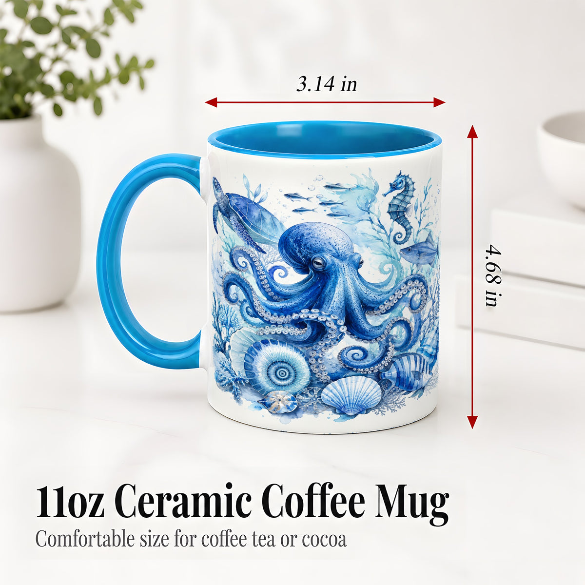 #pl[11oz|Blue] Blue Octopus Ceramic Mug, Watercolor Ocean Life Art for Sea Fans