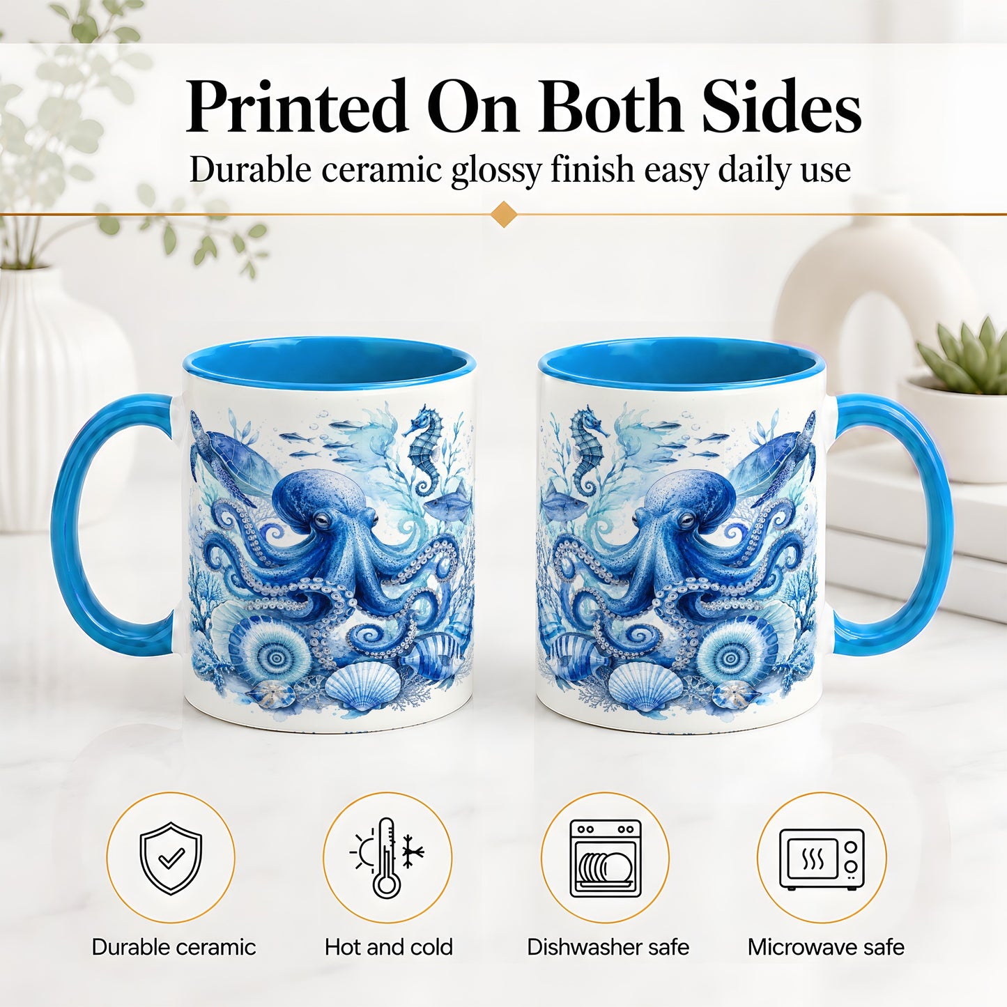 #pl[11oz|Blue] Blue Octopus Ceramic Mug, Watercolor Ocean Life Art for Sea Fans
