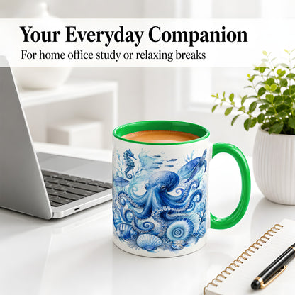 #pl[11oz|Green] Blue Octopus Ceramic Mug, Watercolor Ocean Life Art for Sea Fans