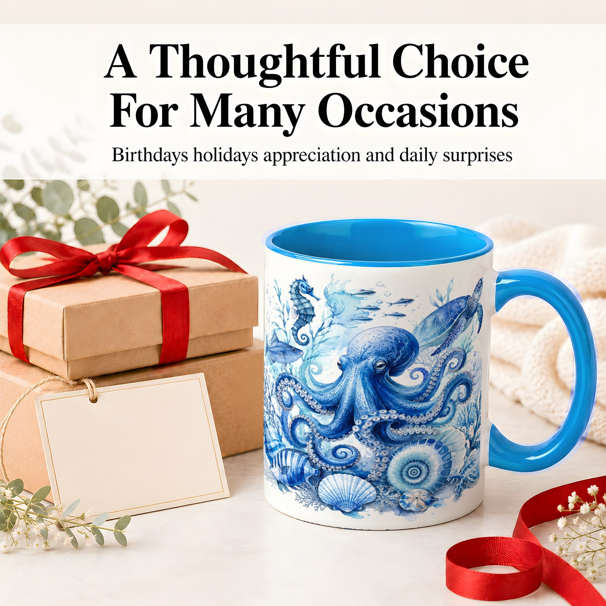 #pl[11oz|Blue] Blue Octopus Ceramic Mug, Watercolor Ocean Life Art for Sea Fans