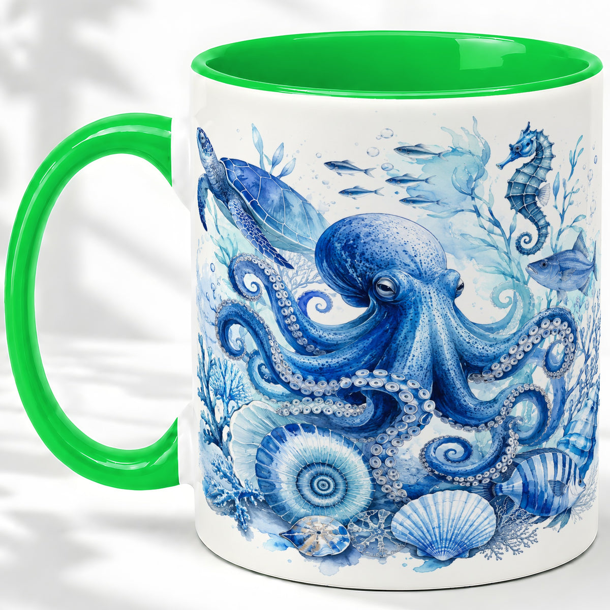 #pl[11oz|Green] Blue Octopus Ceramic Mug, Watercolor Ocean Life Art for Sea Fans