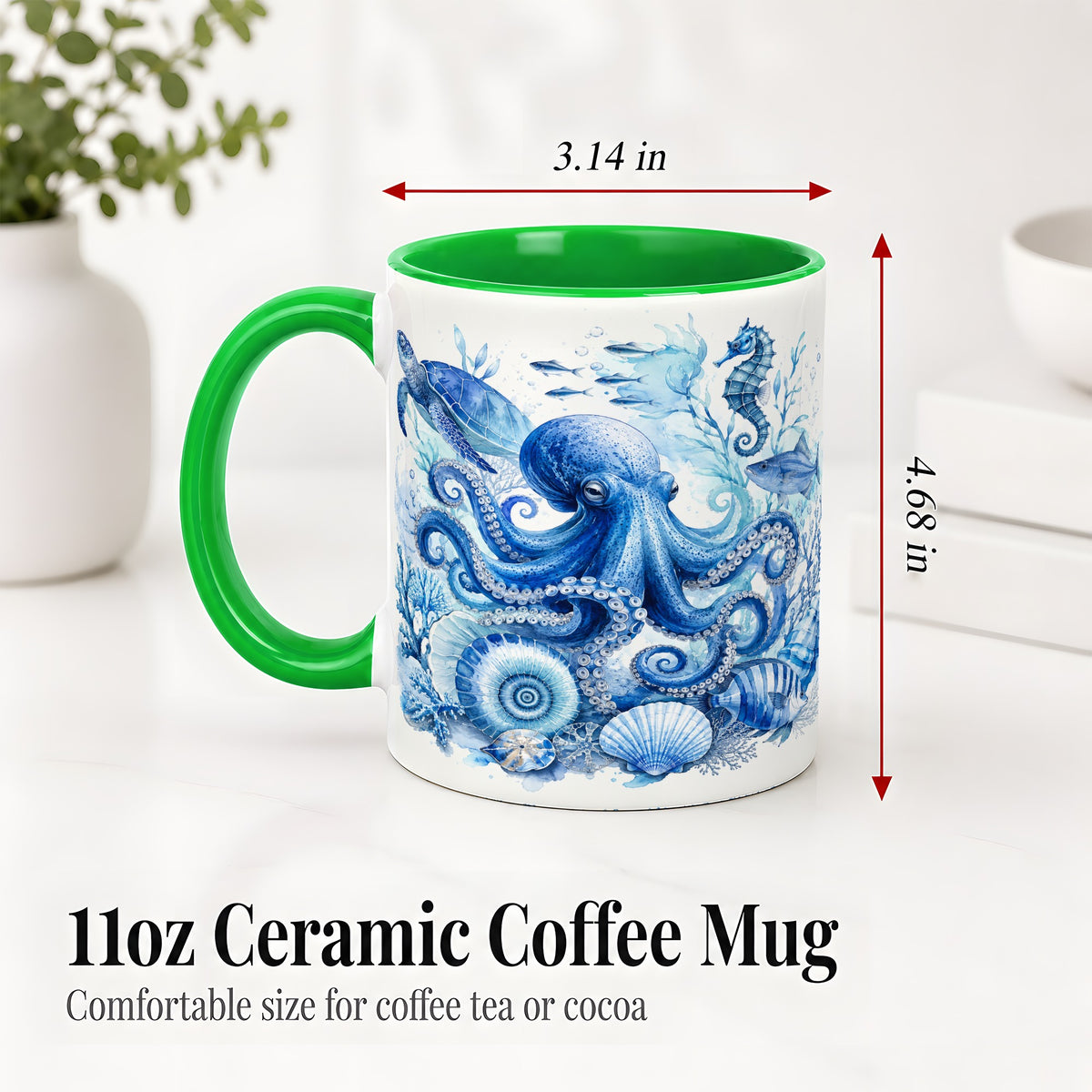 #pl[11oz|Green] Blue Octopus Ceramic Mug, Watercolor Ocean Life Art for Sea Fans