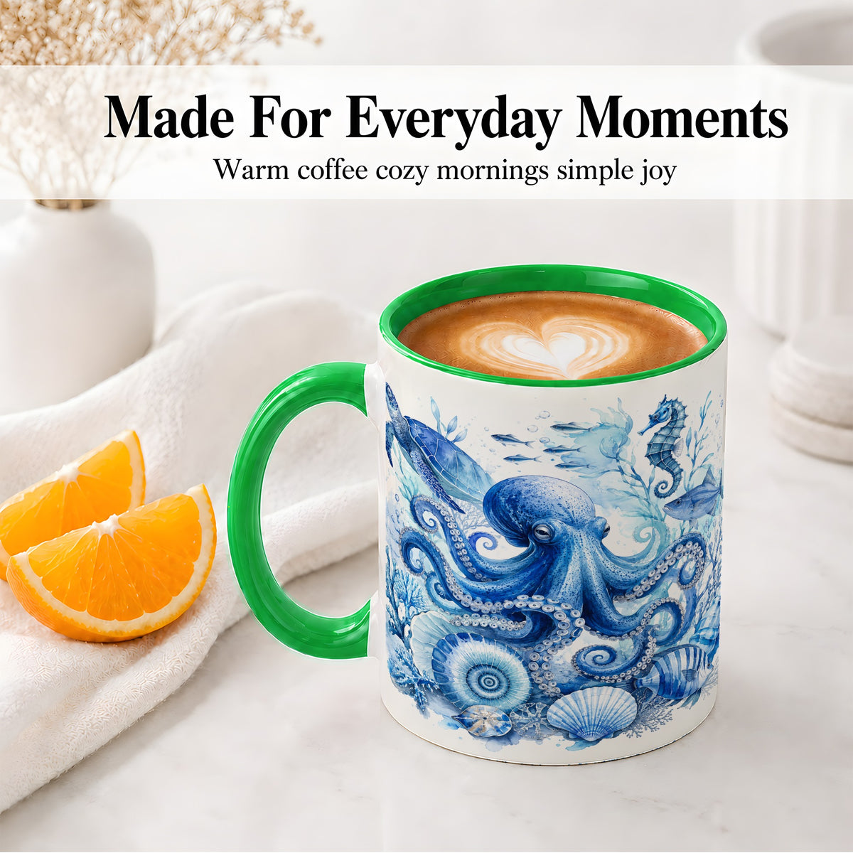 #pl[11oz|Green] Blue Octopus Ceramic Mug, Watercolor Ocean Life Art for Sea Fans