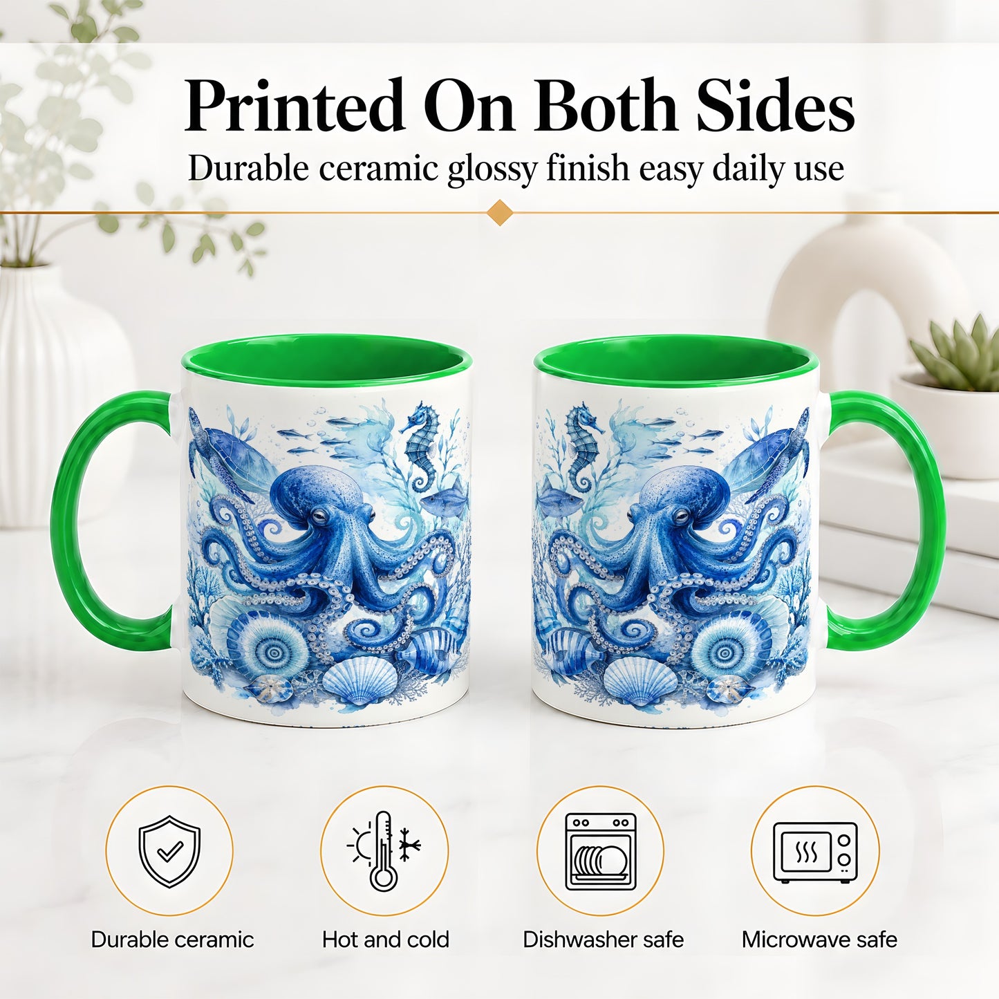 #pl[11oz|Green] Blue Octopus Ceramic Mug, Watercolor Ocean Life Art for Sea Fans