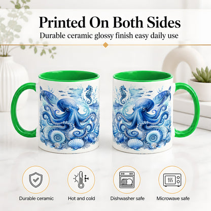 #pl[11oz|Green] Blue Octopus Ceramic Mug, Watercolor Ocean Life Art for Sea Fans