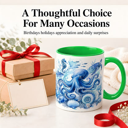 #pl[11oz|Green] Blue Octopus Ceramic Mug, Watercolor Ocean Life Art for Sea Fans