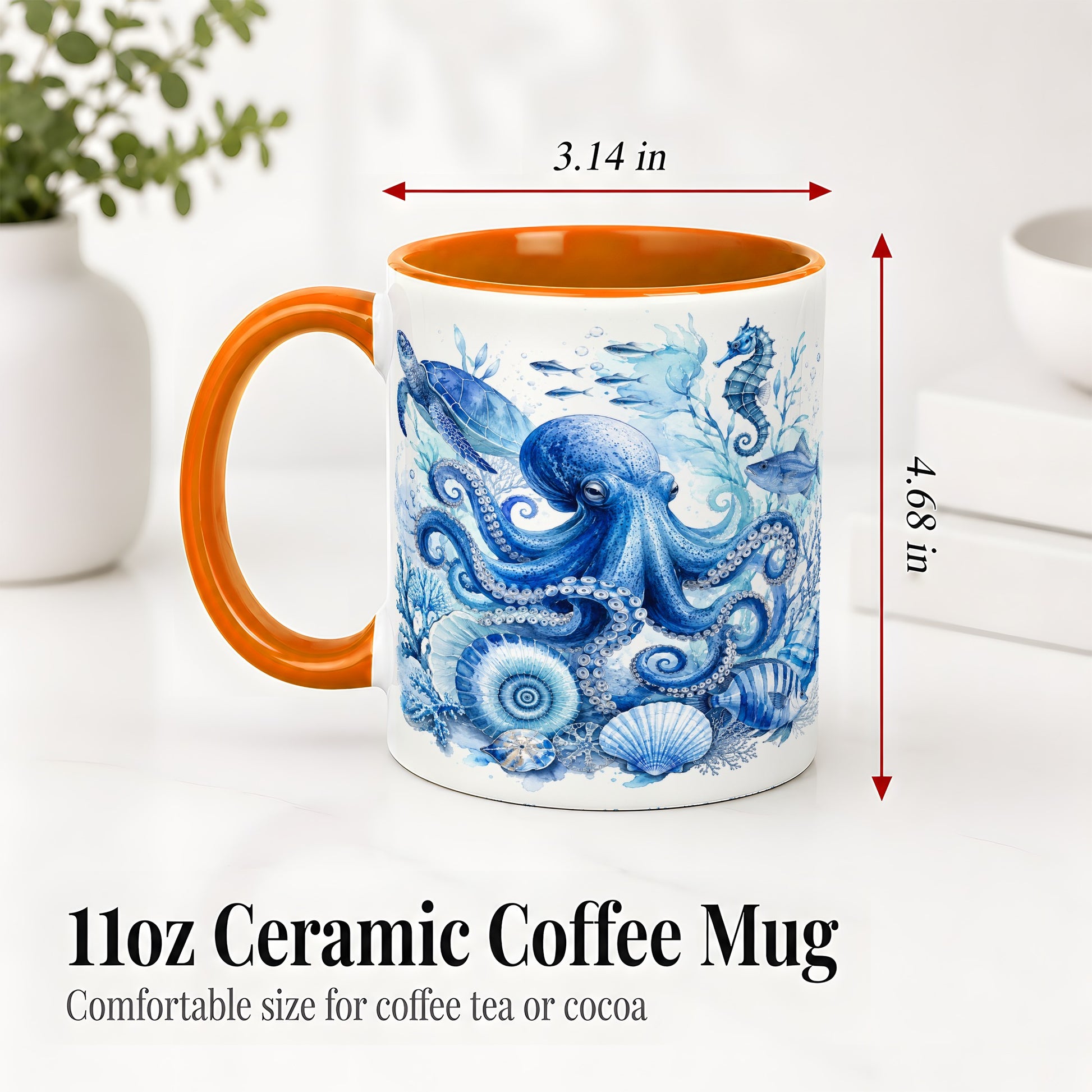 #pl[11oz|Orange] Blue Octopus Ceramic Mug, Watercolor Ocean Life Art for Sea Fans
