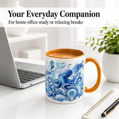 #pl[11oz|Orange] Blue Octopus Ceramic Mug, Watercolor Ocean Life Art for Sea Fans