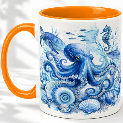 #pl[11oz|Orange] Blue Octopus Ceramic Mug, Watercolor Ocean Life Art for Sea Fans