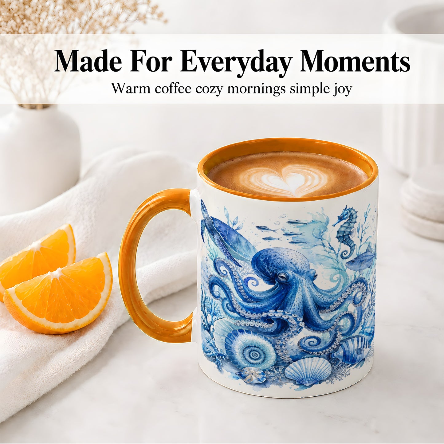 #pl[11oz|Orange] Blue Octopus Ceramic Mug, Watercolor Ocean Life Art for Sea Fans