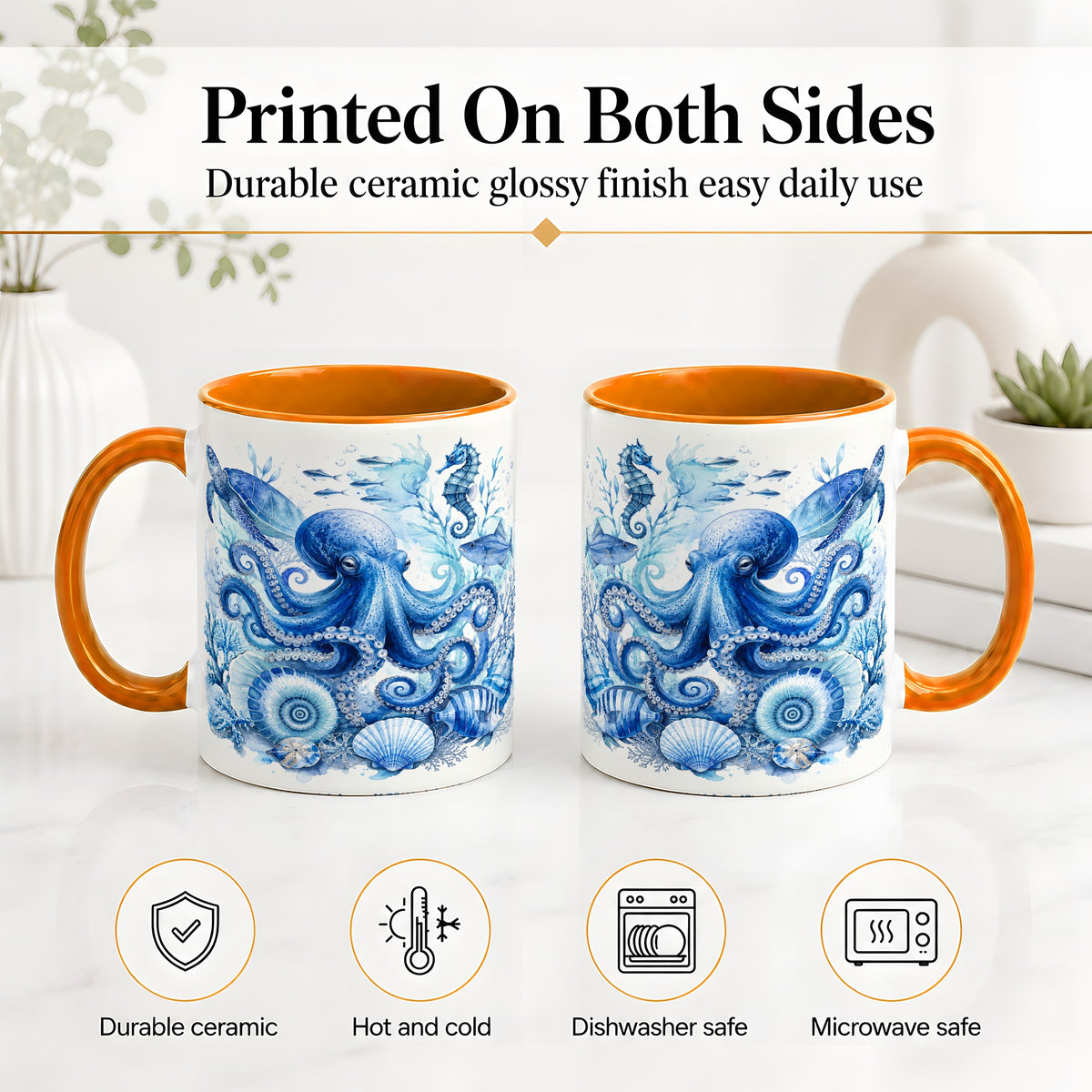#pl[11oz|Orange] Blue Octopus Ceramic Mug, Watercolor Ocean Life Art for Sea Fans