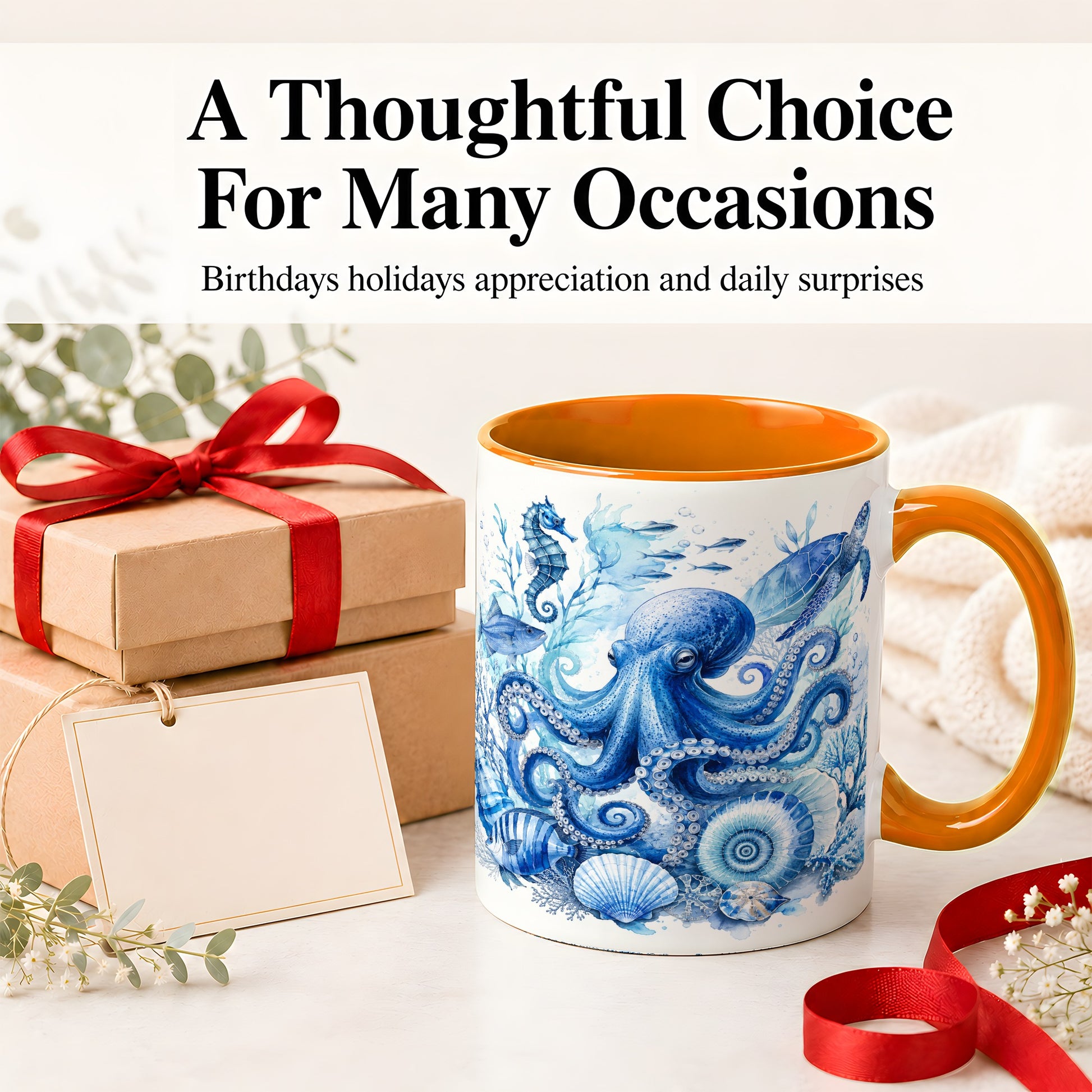 #pl[11oz|Orange] Blue Octopus Ceramic Mug, Watercolor Ocean Life Art for Sea Fans