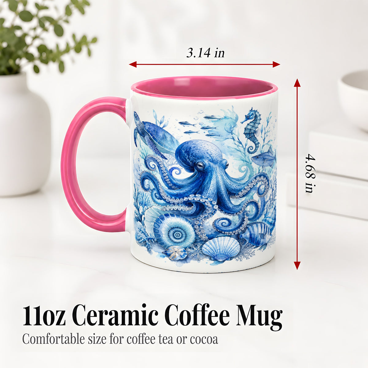 #pl[11oz|Pink] Blue Octopus Ceramic Mug, Watercolor Ocean Life Art for Sea Fans