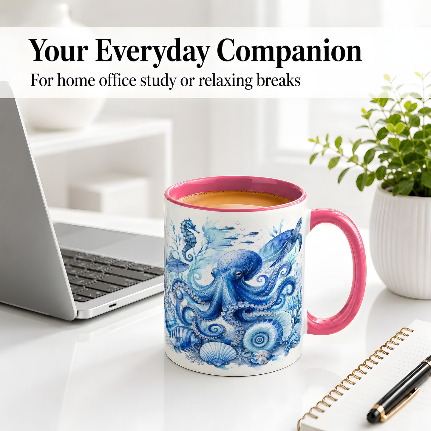 #pl[11oz|Pink] Blue Octopus Ceramic Mug, Watercolor Ocean Life Art for Sea Fans