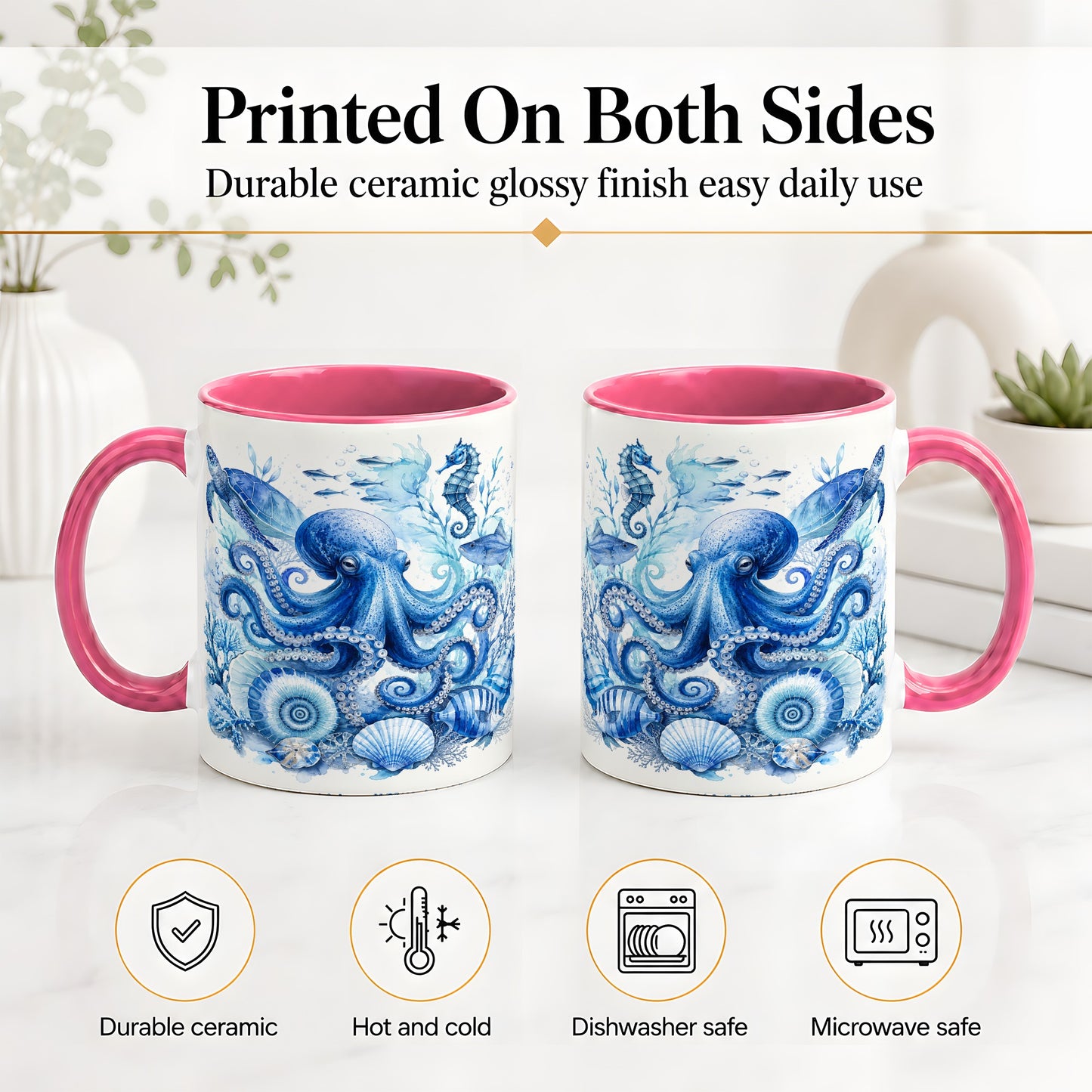 #pl[11oz|Pink] Blue Octopus Ceramic Mug, Watercolor Ocean Life Art for Sea Fans