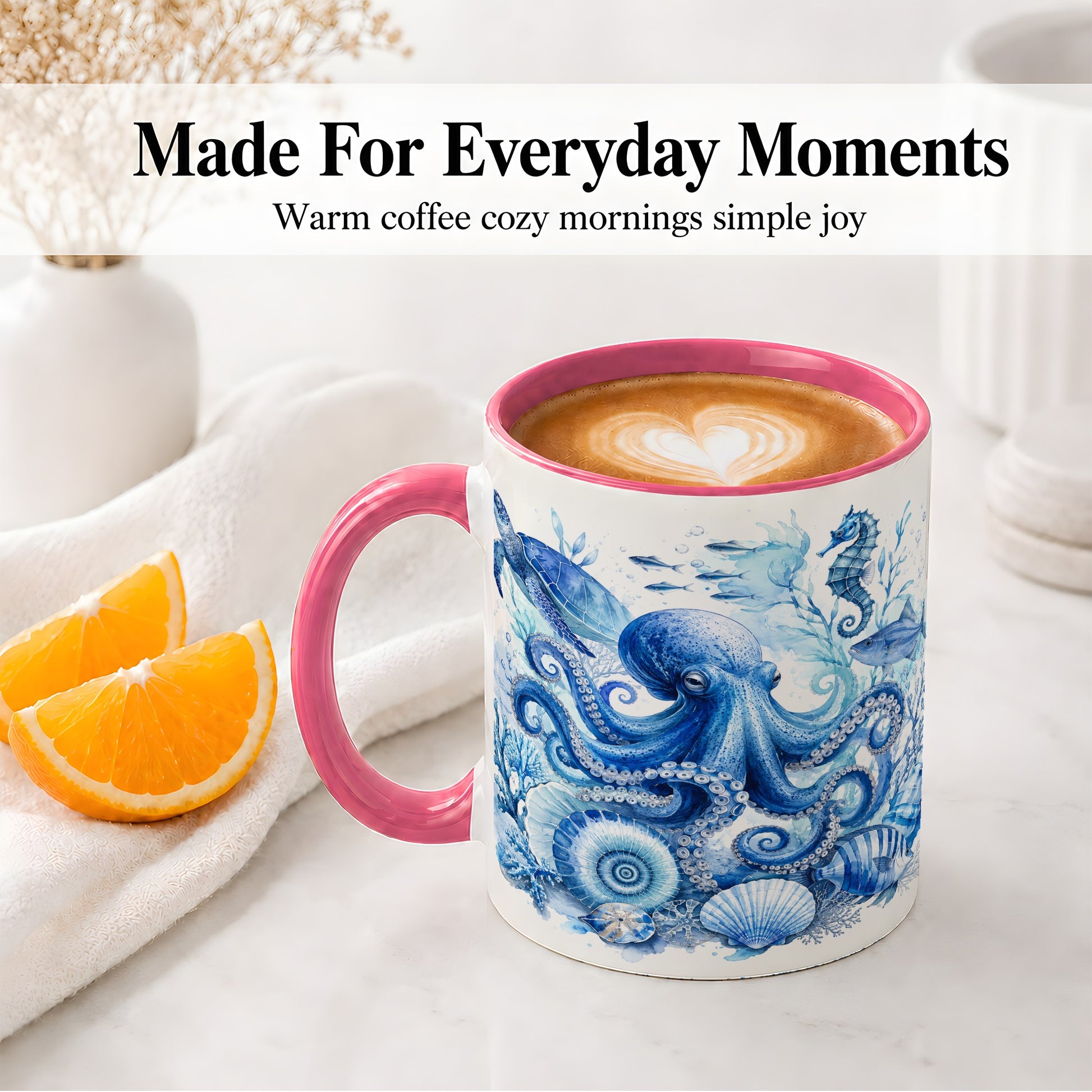 #pl[11oz|Pink] Blue Octopus Ceramic Mug, Watercolor Ocean Life Art for Sea Fans
