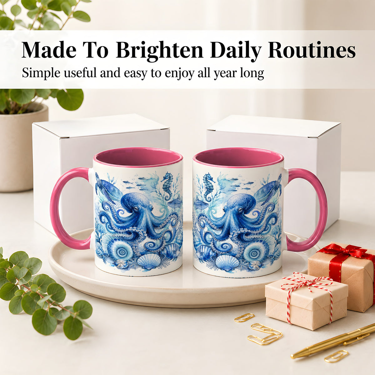 #pl[11oz|Pink] Blue Octopus Ceramic Mug, Watercolor Ocean Life Art for Sea Fans