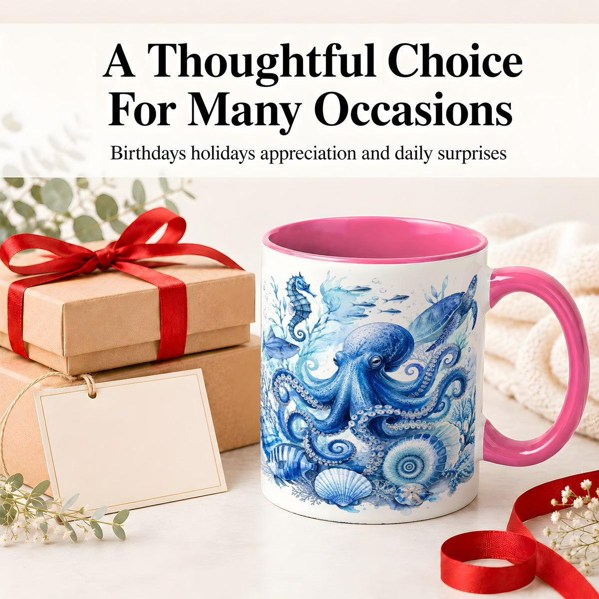 #pl[11oz|Pink] Blue Octopus Ceramic Mug, Watercolor Ocean Life Art for Sea Fans