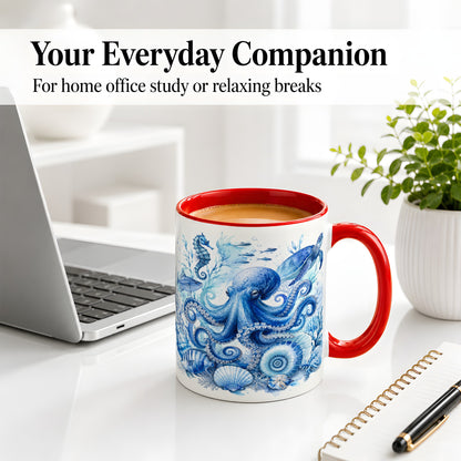 #pl[11oz|Red] Blue Octopus Ceramic Mug, Watercolor Ocean Life Art for Sea Fans