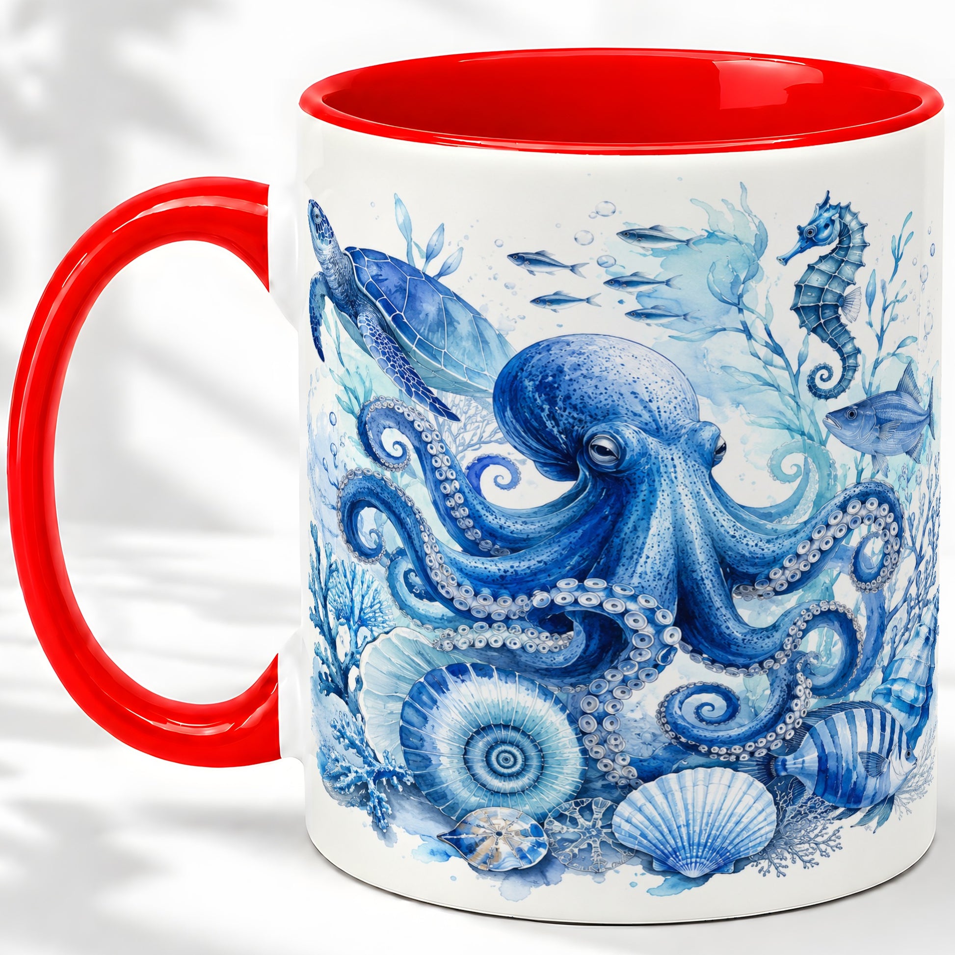 Blue Octopus Ceramic Mug, Watercolor Ocean Life Art for Sea Fans