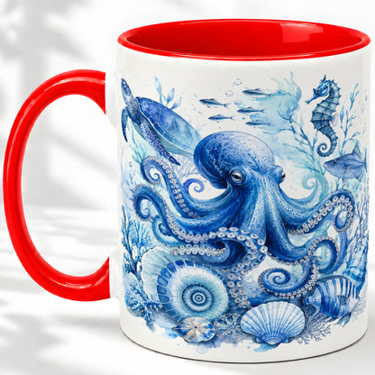 Blue Octopus Ceramic Mug, Watercolor Ocean Life Art for Sea Fans