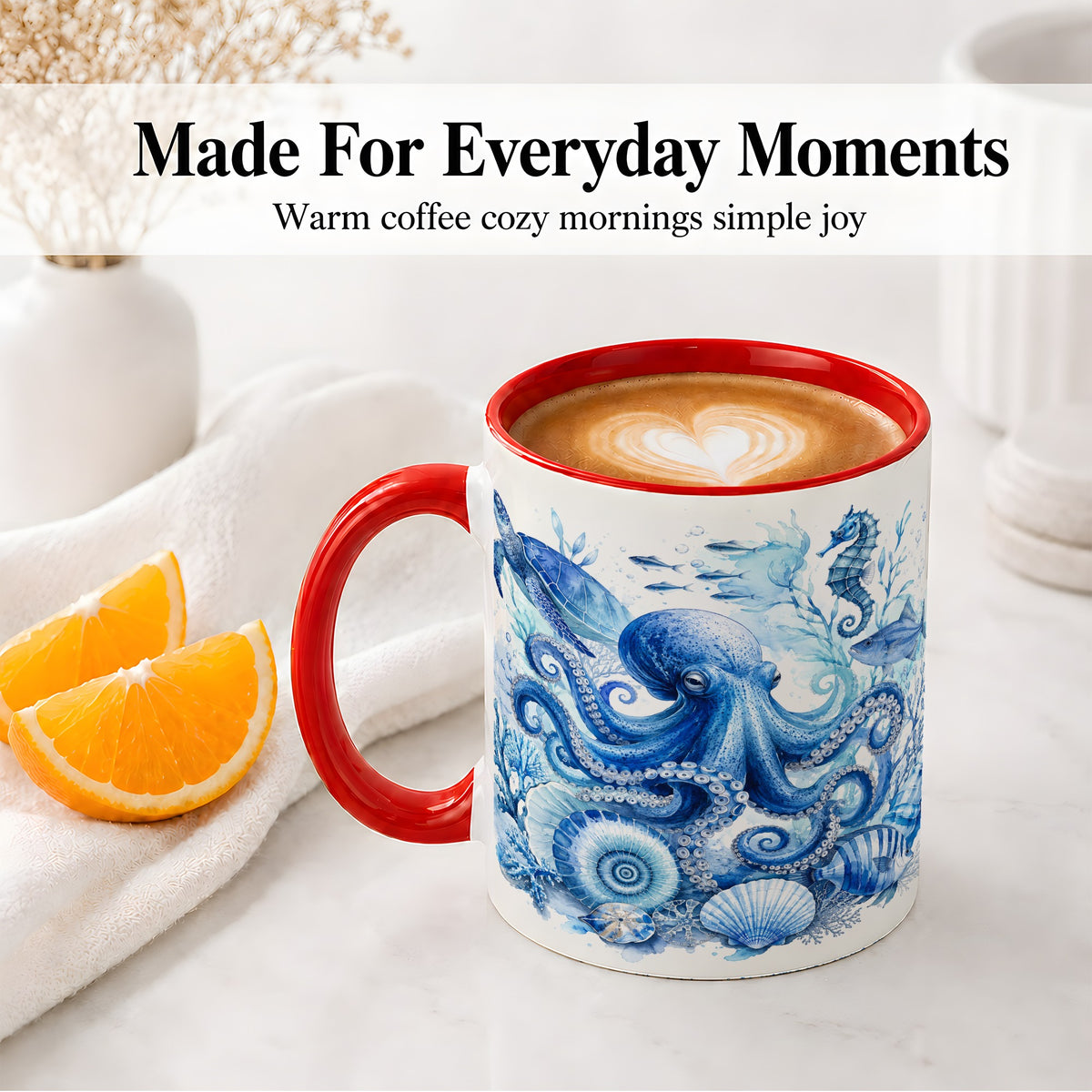 #pl[11oz|Red] Blue Octopus Ceramic Mug, Watercolor Ocean Life Art for Sea Fans