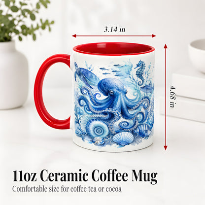 #pl[11oz|Red] Blue Octopus Ceramic Mug, Watercolor Ocean Life Art for Sea Fans