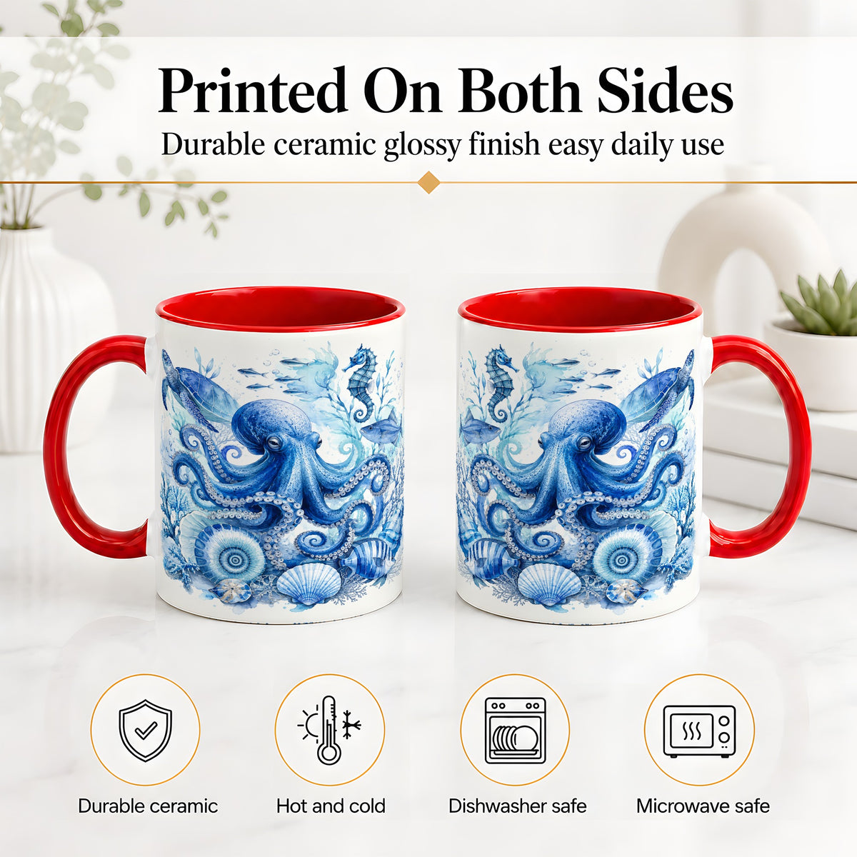 #pl[11oz|Red] Blue Octopus Ceramic Mug, Watercolor Ocean Life Art for Sea Fans