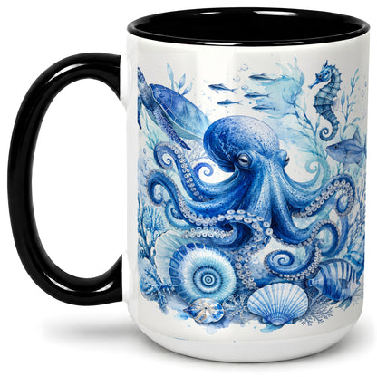 #pl[15oz|Black] Blue Octopus Ceramic Mug, Watercolor Ocean Life Art for Sea Fans