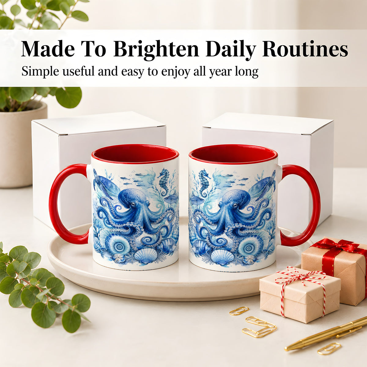 #pl[11oz|Red] Blue Octopus Ceramic Mug, Watercolor Ocean Life Art for Sea Fans