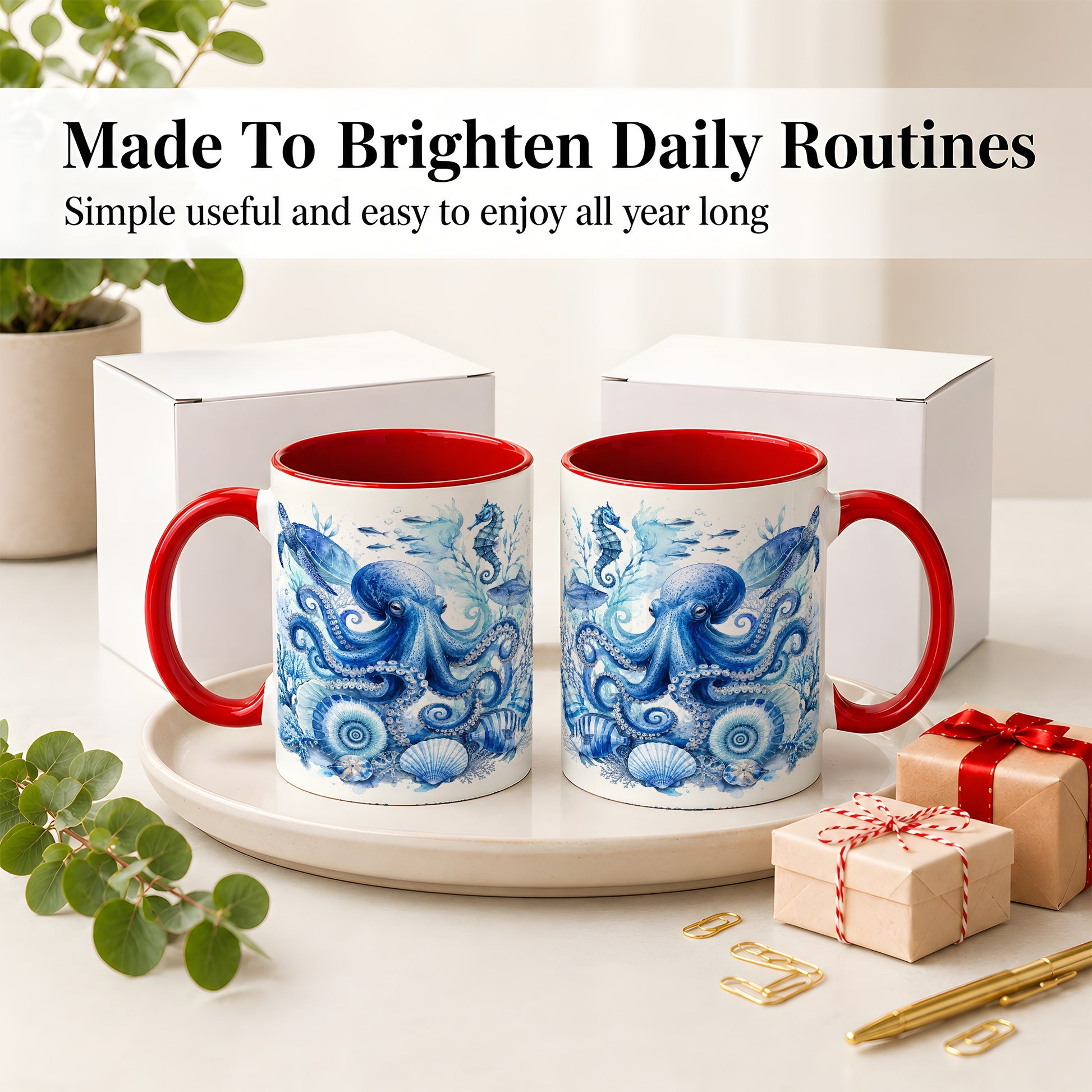 #pl[11oz|Red] Blue Octopus Ceramic Mug, Watercolor Ocean Life Art for Sea Fans