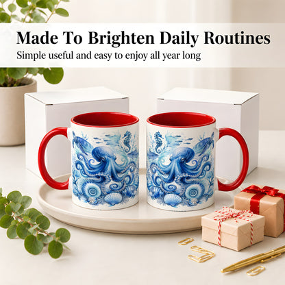 #pl[11oz|Red] Blue Octopus Ceramic Mug, Watercolor Ocean Life Art for Sea Fans