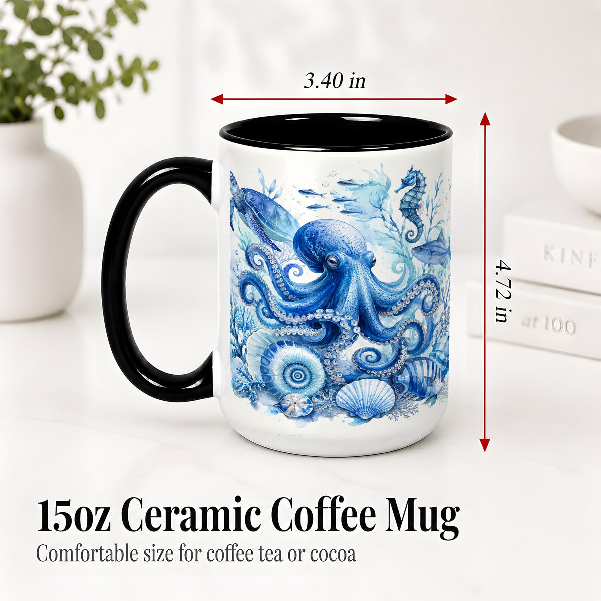 #pl[15oz|Black] Blue Octopus Ceramic Mug, Watercolor Ocean Life Art for Sea Fans
