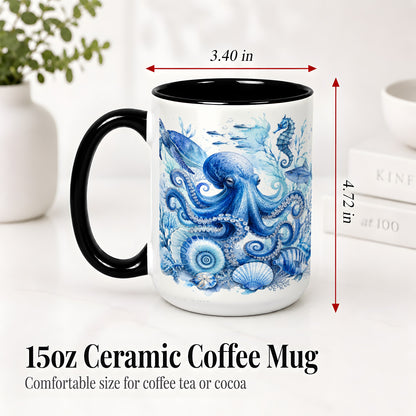 #pl[15oz|Black] Blue Octopus Ceramic Mug, Watercolor Ocean Life Art for Sea Fans