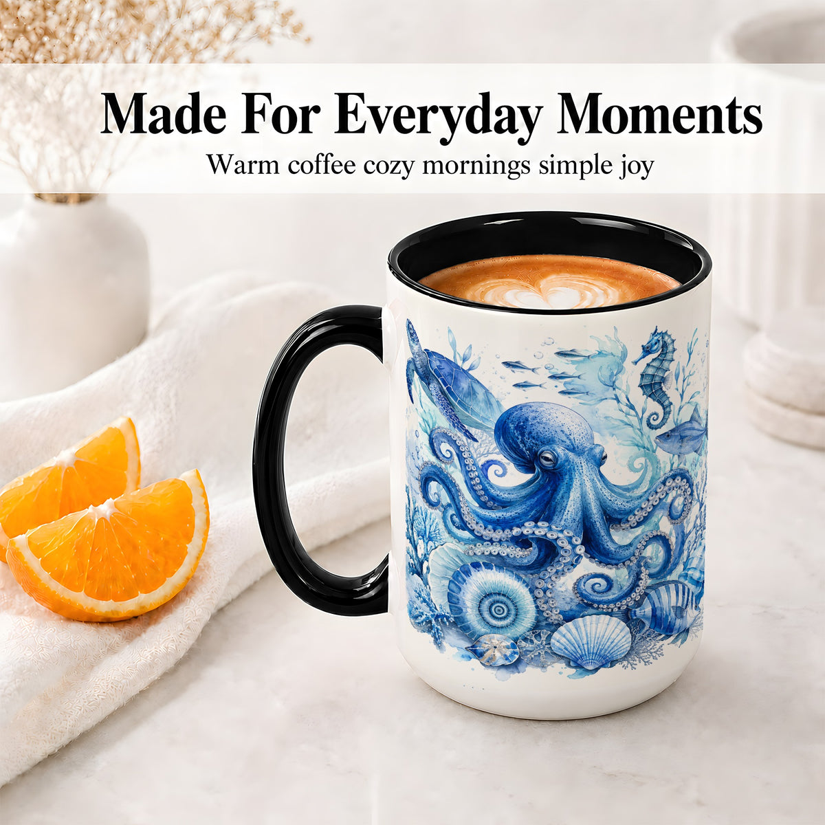 #pl[15oz|Black] Blue Octopus Ceramic Mug, Watercolor Ocean Life Art for Sea Fans