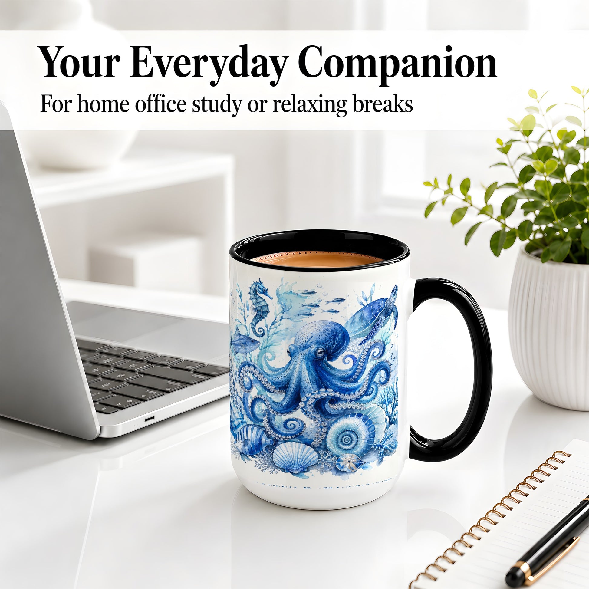 #pl[15oz|Black] Blue Octopus Ceramic Mug, Watercolor Ocean Life Art for Sea Fans