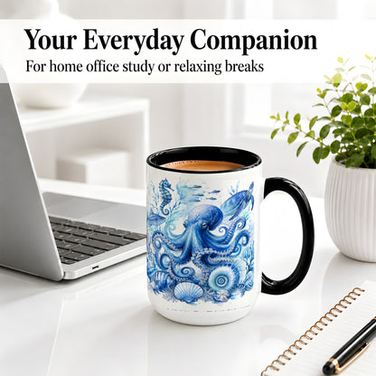 #pl[15oz|Black] Blue Octopus Ceramic Mug, Watercolor Ocean Life Art for Sea Fans