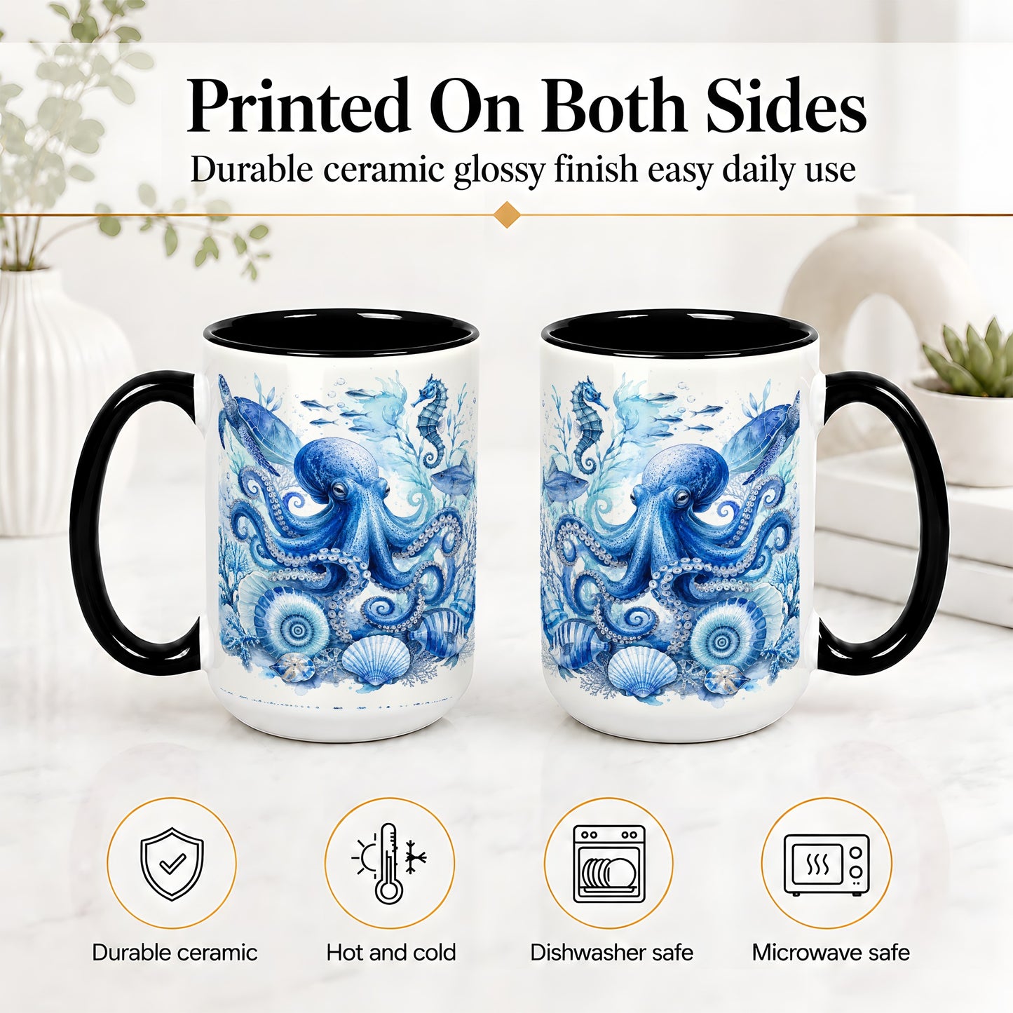 #pl[15oz|Black] Blue Octopus Ceramic Mug, Watercolor Ocean Life Art for Sea Fans