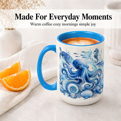 #pl[15oz|Blue] Blue Octopus Ceramic Mug, Watercolor Ocean Life Art for Sea Fans