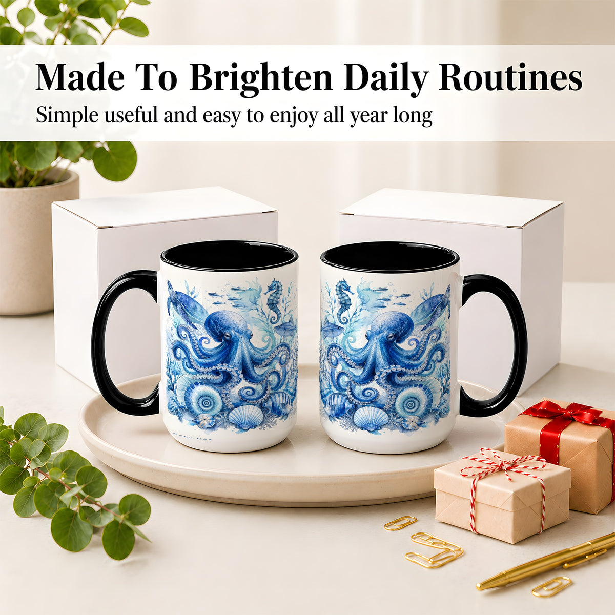 #pl[15oz|Black] Blue Octopus Ceramic Mug, Watercolor Ocean Life Art for Sea Fans