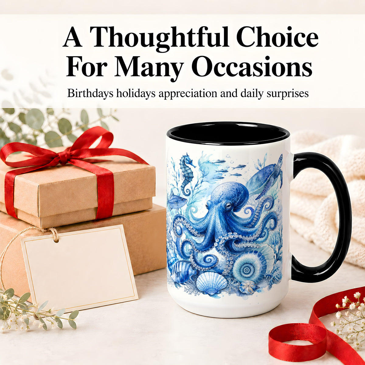 #pl[15oz|Black] Blue Octopus Ceramic Mug, Watercolor Ocean Life Art for Sea Fans