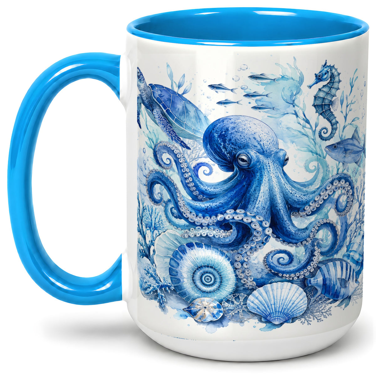 #pl[15oz|Blue] Blue Octopus Ceramic Mug, Watercolor Ocean Life Art for Sea Fans