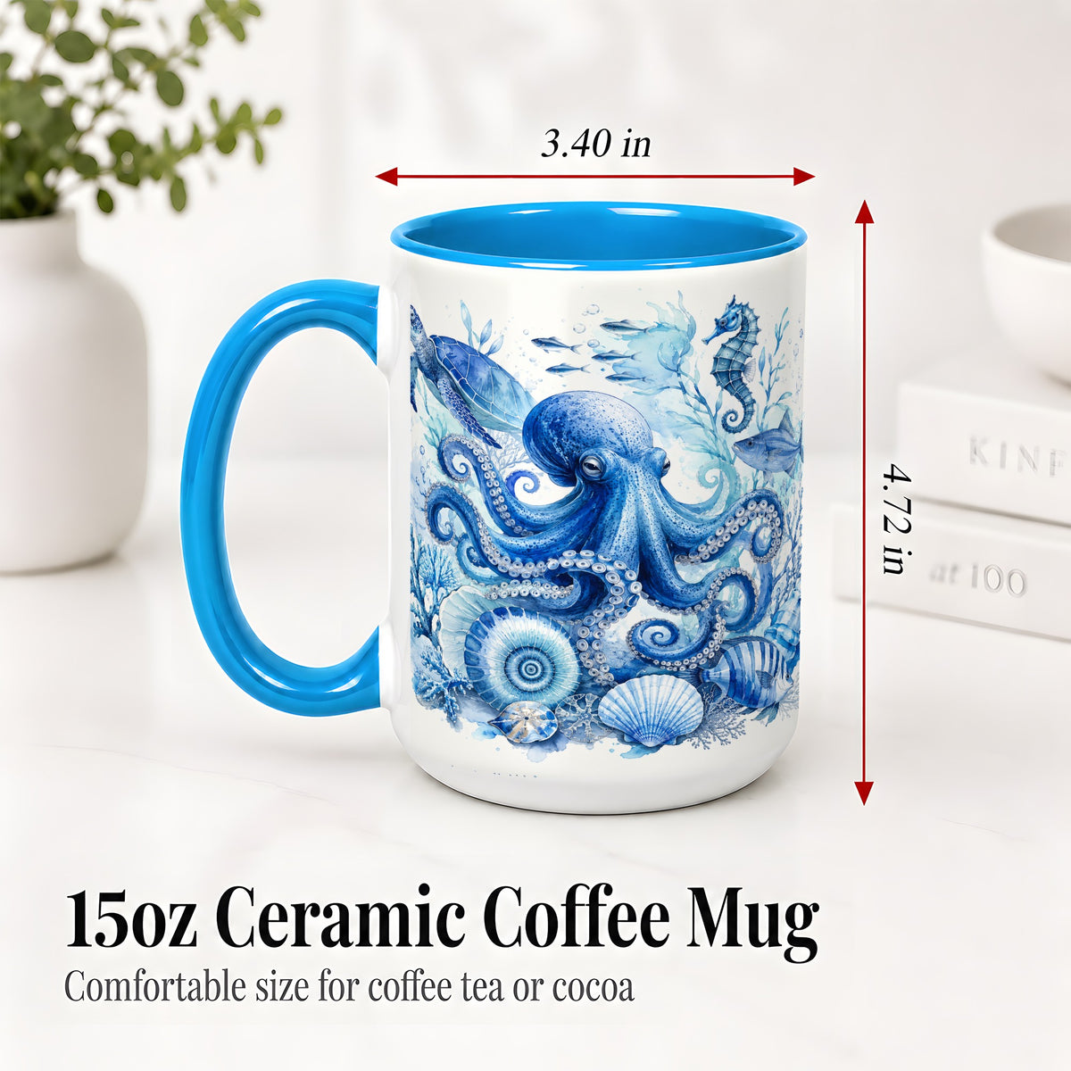 #pl[15oz|Blue] Blue Octopus Ceramic Mug, Watercolor Ocean Life Art for Sea Fans