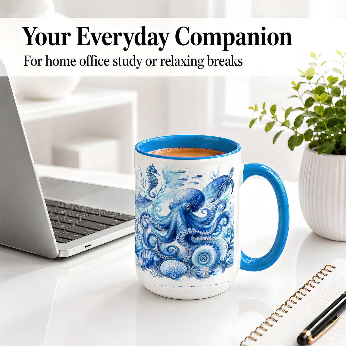 #pl[15oz|Blue] Blue Octopus Ceramic Mug, Watercolor Ocean Life Art for Sea Fans