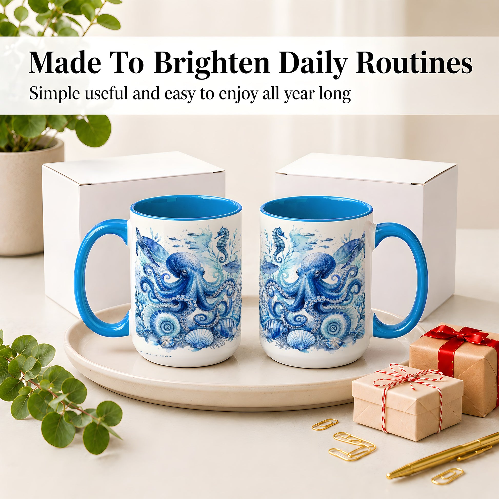 #pl[15oz|Blue] Blue Octopus Ceramic Mug, Watercolor Ocean Life Art for Sea Fans