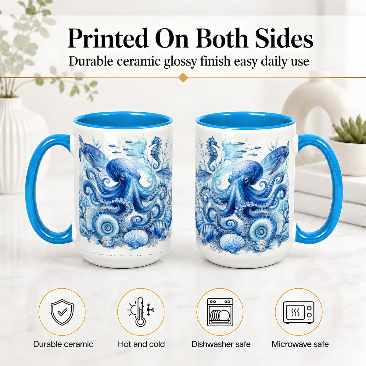 #pl[15oz|Blue] Blue Octopus Ceramic Mug, Watercolor Ocean Life Art for Sea Fans