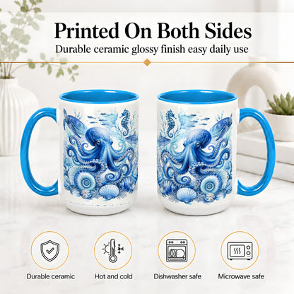 #pl[15oz|Blue] Blue Octopus Ceramic Mug, Watercolor Ocean Life Art for Sea Fans