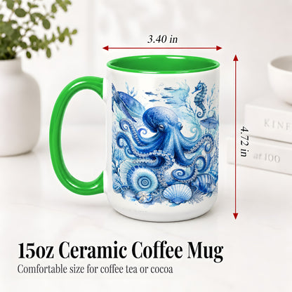 #pl[15oz|Green] Blue Octopus Ceramic Mug, Watercolor Ocean Life Art for Sea Fans