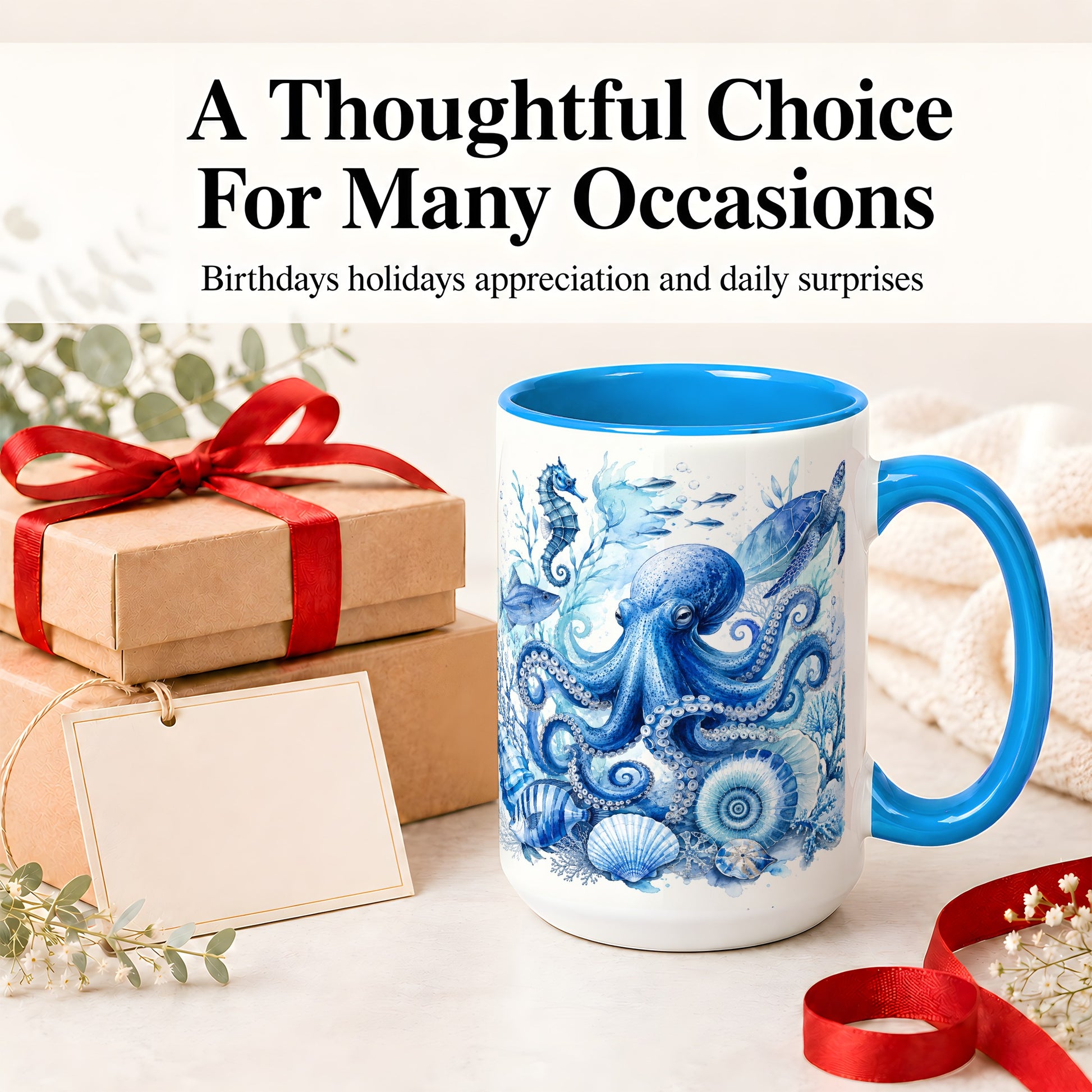 #pl[15oz|Blue] Blue Octopus Ceramic Mug, Watercolor Ocean Life Art for Sea Fans